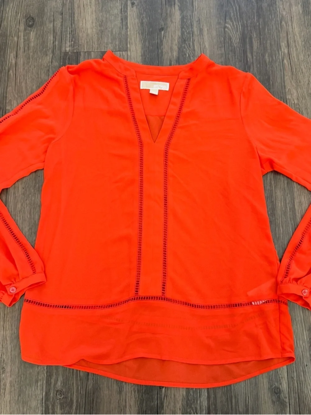 Michael Kors Mandarin Orange Pointelle Trim Long Sleeve Top V Neck Blouse M